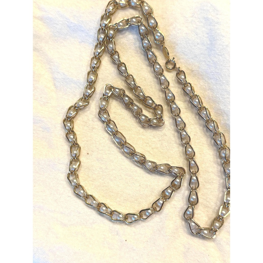 VTG Napier Gold  Necklace Pearl Cage Link Chain Signed Designer Jewelry 15 Inch